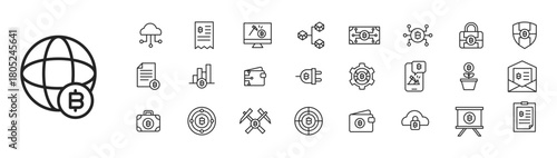 Icon Collection Cryptocurrency system include cloud security mining etc. Line or outline style symbol.