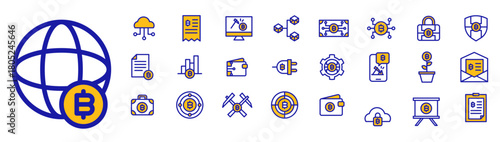Icon Collection Cryptocurrency system include cloud security mining etc. Line Outline Fill Colours symbol.