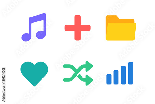 Colorful Music Icons. Playlist Creation flat icons: music note, plus sign, folder, heart, shuffle arrows, equalizer.