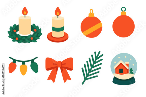 Festive Candle Icons. Christmas Candle Festive décor flat icons: wreath centerpiece, pillar candle, ornament, garland, ribbon, evergreen sprig, golden bell, snow globe.