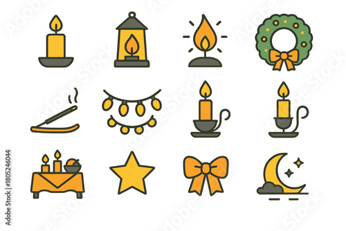 Candlelit Festive Icons. Candlelight Traditions Celebration Bright Flat Icons outline icons: glowing candle, lantern, flame, wreath, incense stick, garland lights, candle holder,