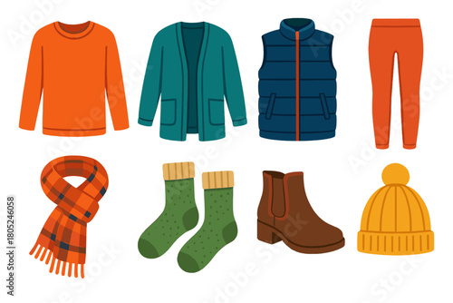 Layered Winter Outfits. Casual Winter Wear Layered comfort flat icons: long-sleeve shirt, cardigan, quilted vest, thermal leggings, ankle boots, plaid scarf, wool socks, knit hat.