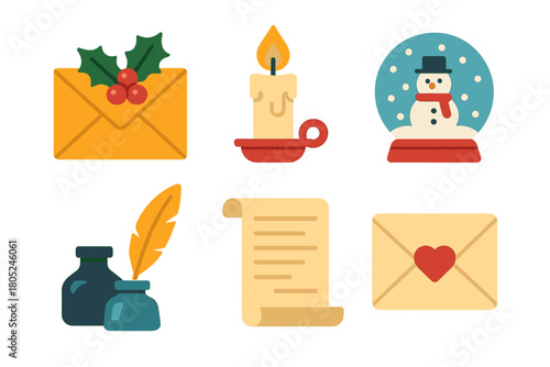 Christmas Icon Set. Christmas Letter flat icons: envelope with holly, candlelight, snow globe, ink bottle, parchment, heart seal.