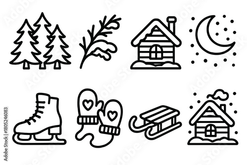 Winter Icon Set. Holiday Time Winter beauty outline icons: pine forest, frosty branch, snow-covered cabin, ice skate, mittens, sled, glowing moon, peaceful snowfall.