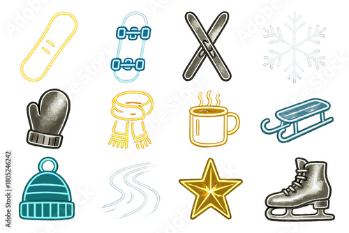 Glowing Winter Sports Icons. Holiday Sports Modern Glow outline icons: glowing snowboard, neon skate, chrome ski, radiant snowflake, metallic glove, shining scarf, luminous cup,