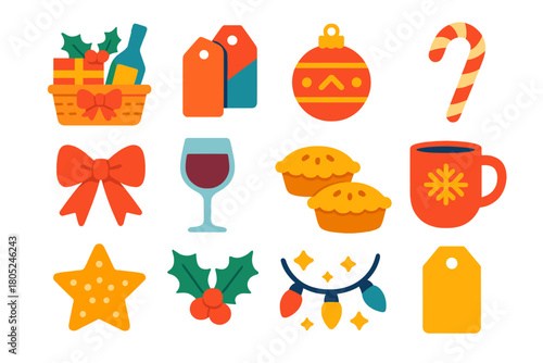 Festive Holiday Icons. Holiday Hampers Festive Vibrant Flat Vector flat icons: decorated basket, gift tags, ornament, candy cane, ribbon bow, wine glass, mince pies, festive mug,