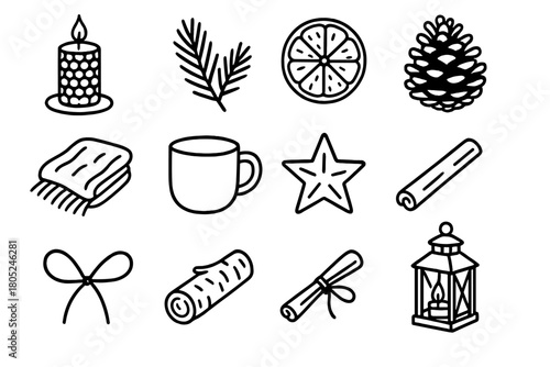 Rustic Winter Solstice Icons. Winter Solstice Magic Rustic Natural outline icons: beeswax candle, evergreen sprig, dried orange slice, pinecone, cinnamon stick, wooden tray, wool