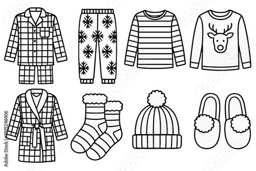 Cozy Christmas Pajama Icons. Christmas Pajamas Cozy Patterns outline icons: plaid pajama set, snowflake print pants, striped top, reindeer motif shirt, flannel robe, fuzzy socks,