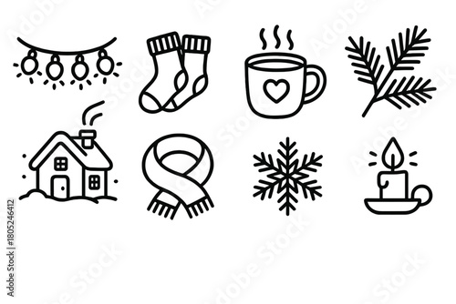 Winter Icon Set. Winter Charm outline icons: twinkling lights, wool socks, cup of cocoa, pine branches, snowy cottage, soft scarf, crystal snowflake, warm glow.