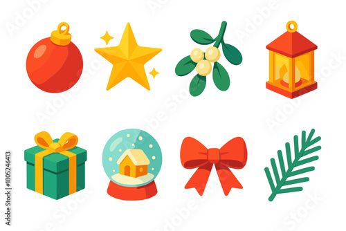 Festive Icon Collection. Holiday Charm flat icons: ornament ball, sparkling star, mistletoe, warm lantern, wrapped present, snow globe, red ribbon, evergreen twig.