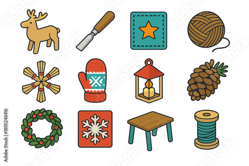 Nordic Winter Craft Icons. Winter Crafts Nordic Workshop flat icons: carved reindeer, wood chisel, fabric patch, twine ball, straw ornament, knitted mitten, candle lantern,