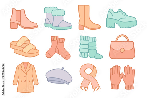 Winter Shoe Icons. Winter Footwear Fashion Soft Pastel Icons flat icons: leather ankle boots, fur-lined boots, tall suede boots, platform shoes, shearling slides, warm socks, knit