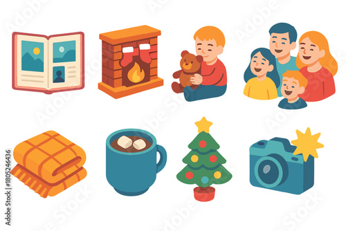 Cozy Holiday Icons. Holiday Stories Family Memories flat icons: photo album, fireplace scene, child with toy, laughing family, warm blanket, cocoa mug, decorated tree, camera flash