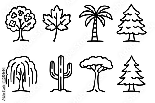 Nature Tree Icons. Nature Themed Trees outline icons: cherry blossom tree, autumn maple tree, tropical palm tree, snowy pine tree, willow tree, desert cactus tree, rainforest