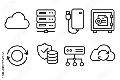 Digital Storage Icons. Storage Solutions outline icons: cloud storage icon, server rack, external hard drive, secure file vault, backup and restore arrows, encrypted database badge