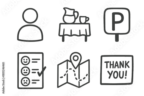 Visitor Experience Icons. Visitor Experience outline icons: guest icon, refreshment table, parking sign, feedback form, map guide, thank-you note.