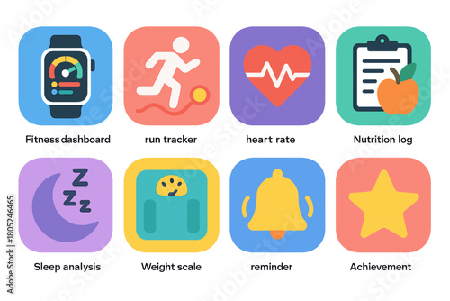 Vibrant Health Icons. Health Tracking Apps flat icons: fitness dashboard, run tracker, heart rate monitor, nutrition log, sleep analysis, weight scale, reminder bell, achievement