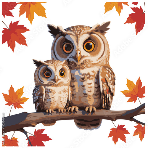 Two adorable cartoon owls perched on a branch surrounded by colorful autumn leaves, isolated on, creating a whimsical and seasonal scene
