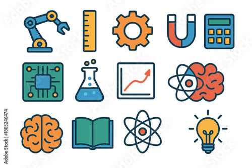 STEM Education Icons. STEM Learning flat icons: robot arm, ruler, gear, magnet, circuit board, chemistry flask, graph, calculator, brain, book, atom, light bulb.