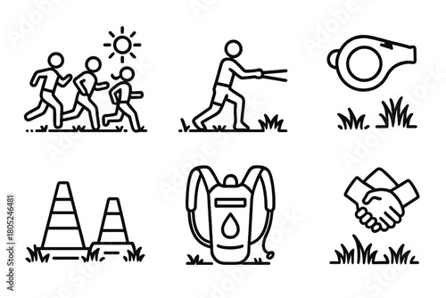 Outdoor Bootcamp Icons. Outdoor Bootcamp outline icons: running team, resistance bands, cones, whistle, sunshine, grassy field, hydration pack, teamwork symbol.