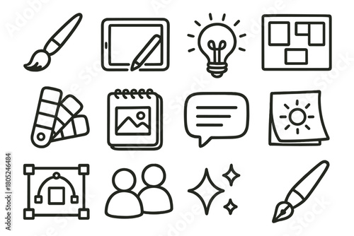 Creative Workspace Icons. Creative Digital Workspaces outline icons: paintbrush, tablet, idea bulb, moodboard, color palette, sketchbook, chat bubble, inspiration post-it, design