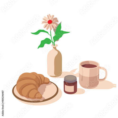 A cozy breakfast scene featuring a croissant, jam, coffee, and a flower in a vase, isolated on, creating a serene and inviting atmosphere