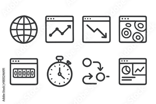 Web Analytics Doodle Icons. Web Analytics outline icons: globe icon, traffic chart, bounce rate arrow, heat map, page view counter, session timer, referral path, analytics
