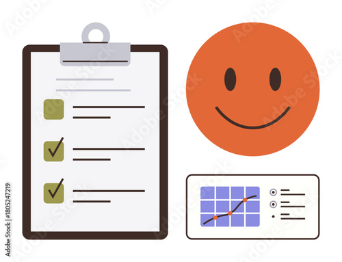Clipboard with marked checklist, happy face, and data chart dashboard illustrating tasks, success, and analytics. Ideal for productivity, planning, evaluation, efficiency feedback goal setting