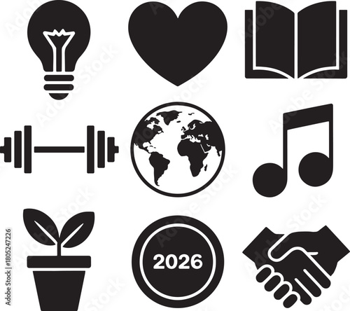 Collection of nine black icons on white background