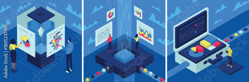 Business analysis set of isometric illustrations. Business concepts and tools. 3D statistical and marketing vector elements for web, presentation, infographics