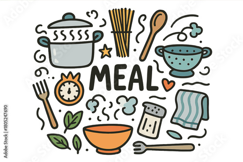 Playful Meal Prep Doodle. Meal preparation. Hand-drawn doodle illustration of meal preparation. Pot, spaghetti