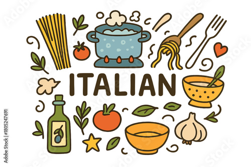Italian Cuisine Doodles. Italian cooking. Hand-drawn doodle illustration of Italian cooking. Spaghetti, pot,