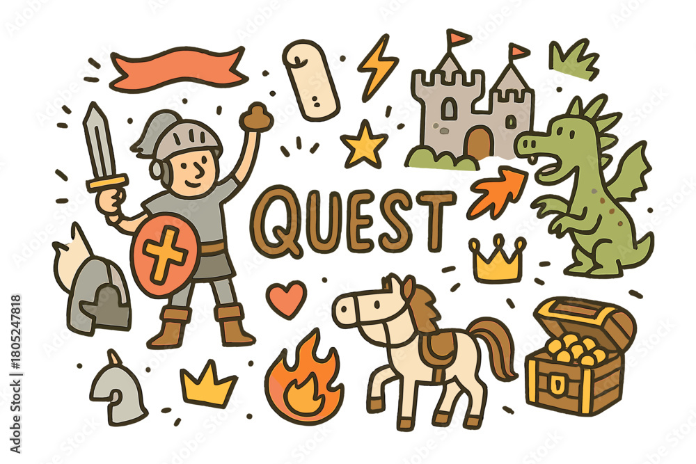 Fototapeta premium Epic Quest Doodle. Heroic quest. Hand-drawn doodle illustration of heroic quest. Hero, sword, shield, dragon,