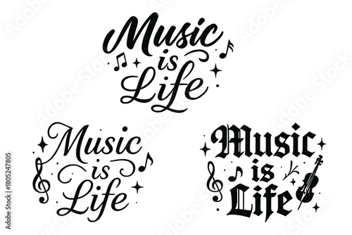 Music Calligraphy Variations. Music is Life. Create a calligraphy lettering illustration of the phrase: Music