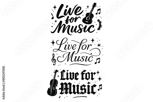 Musical Calligraphy Variations. Live for Music. Create a calligraphy lettering illustration of the phrase: