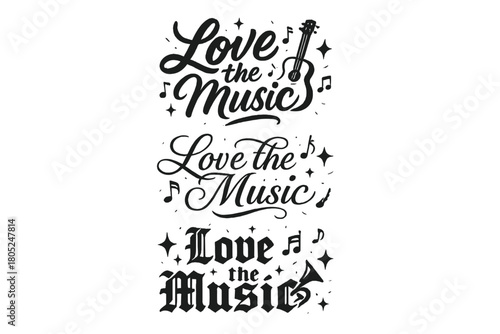 Love the Music. Love the Music. Create a calligraphy lettering illustration of the phrase: Love the Music.