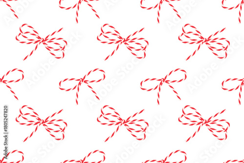 Christmas seamless pattern with striped сotton red bakers twine ribbon bow, thread. Hand drawn decorative element for gift box, present, wallpaper, banner new year on transparent. Flat vector EPS10