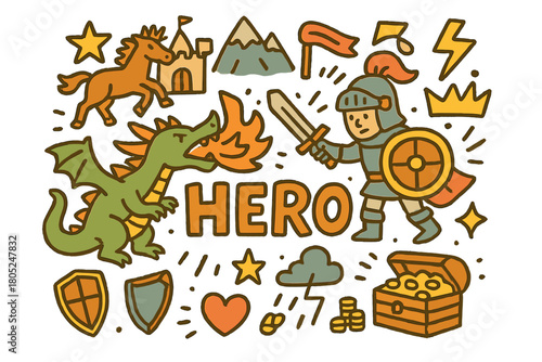 Heroic Victory Illustration. Legendary hero defeating a fearsome beast. Hand-drawn doodle illustration of a