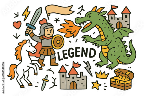 Epic Battle Doodle. Legendary battle scene. Hand-drawn doodle illustration of legendary battle scene. Hero,