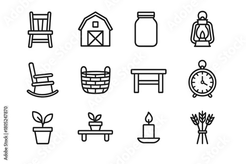 Farmhouse Decor Icons. Rustic home decor and farmhouse style. Line outline icon set of rustic home decor and