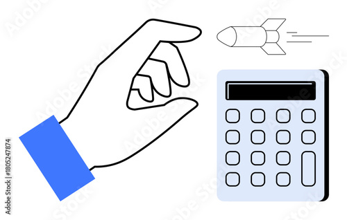 Hand gesturing near a calculator and rocket, emphasizing financial planning, innovation, technology, growth, decision-making, budgeting, and investment. Ideal for futuristic strategies simple flat