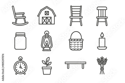 Vintage Farmhouse Icons. Vintage farmhouse style. Line outline icon set of vintage farmhouse style: rocking