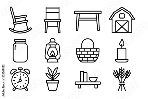 Farmhouse Icon Set. Farmhouse living essentials. Line outline icon set of farmhouse living essentials: rocking