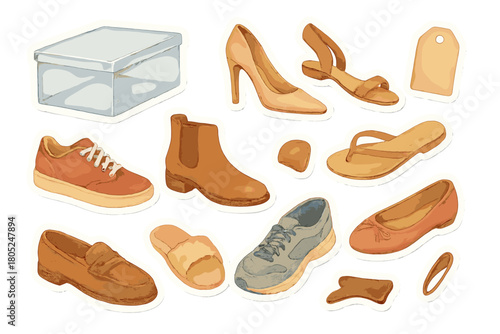 Watercolor Shoe Stickers. Shoe Organization. Realistic hand-painted watercolor style sticker sheet of shoe