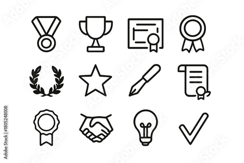 Icons of Honor. Honor and merit. Line outline icon set of honor and merit: medal, trophy, certificate, ribbon,