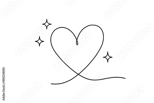 Minimalist Heart Drawing. “Simple Joys”. Minimalistic one-line drawing of a heart with small stars, continuous