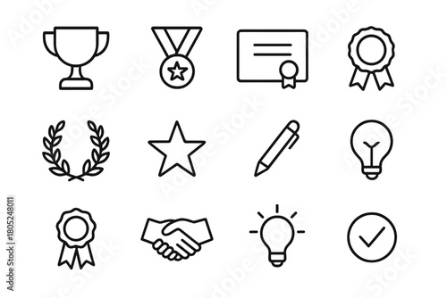 Award Icon Set. Award recognition. Line outline icon set of award recognition: trophy, medal, certificate,