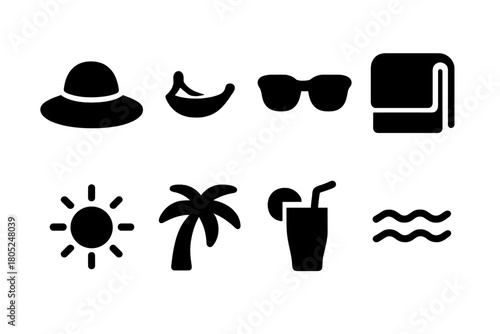 Relaxing Icons Set. Relaxing Outdoors. Filled icon set of Relaxing Outdoors: sunhat, hammock, sunglasses,