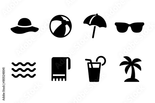 Leisure Icons Grid. Leisure Time. Filled icon set of Leisure Time: sunhat, beach ball, umbrella, sunglasses,