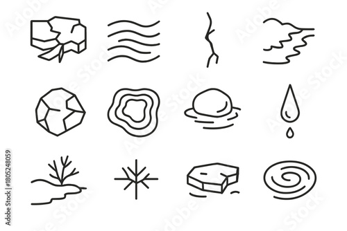 Frozen River Icons. Frozen rivers. Line outline icon set of Frozen rivers: cracked ice plate, wavy frozen